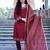 Women   s maroon embroidered kurta pant set with striped dupatta