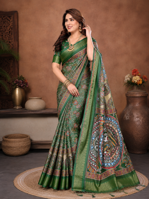 Green Color Digital Print Work Silk Blend Saree 1
