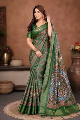 Green Color Digital Print Work Silk Blend Saree