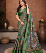 Green Color Digital Print Work Silk Blend Saree