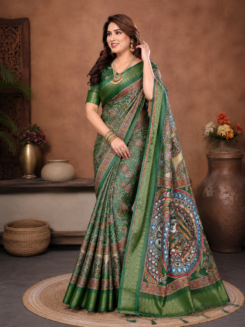 Green Color Digital Print Work Silk Blend Saree
