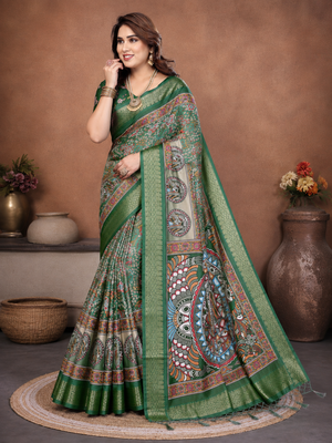 Green Color Digital Print Work Silk Blend Saree 2