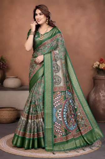 Green Color Digital Print Work Silk Blend Saree
