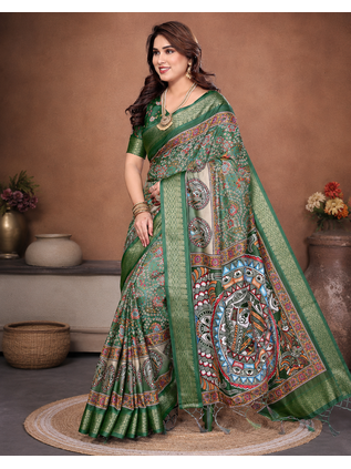 Green Color Digital Print Work Silk Blend Saree 3