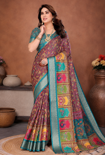 Teal Color Digital Print Work Silk Blend Saree