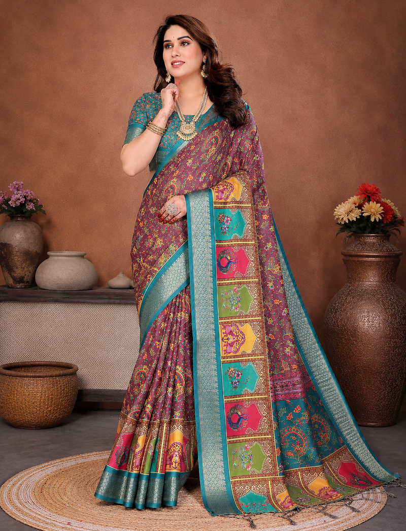 Teal Color Digital Print Work Silk Blend Saree