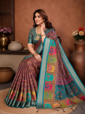 Teal Color Digital Print Work Silk Blend Saree 2