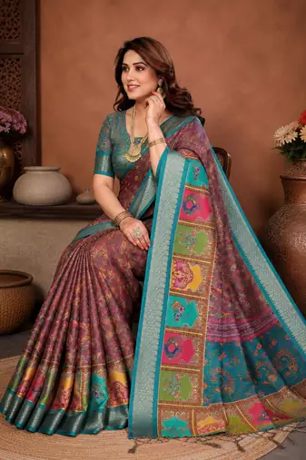 Teal Color Digital Print Work Silk Blend Saree