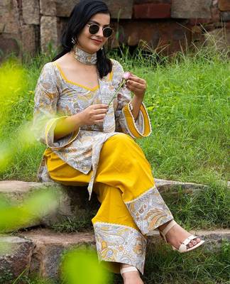 Mustard yellow & white paisley print ethnic co-ord set 1