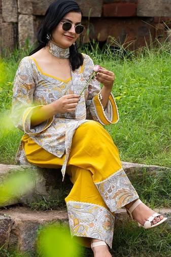 Mustard yellow & white paisley print ethnic co-ord set