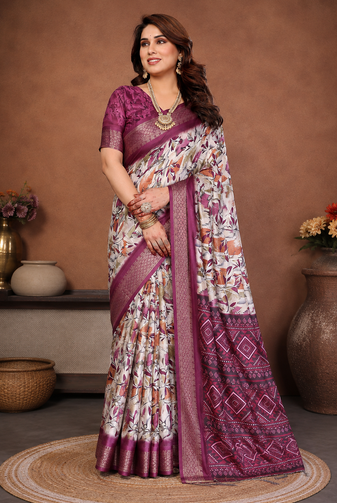 Wine Color Digital Print Work Silk Blend Saree