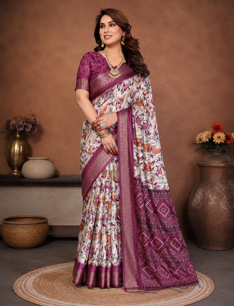 Wine Color Digital Print Work Silk Blend Saree