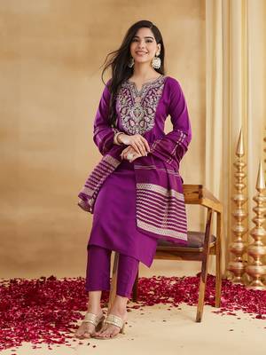 Women's Gorgeous Embroidery Work Viscose Rayon Fabric Straight Kurta Pant and Dupatta Set 1