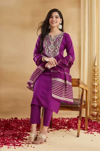 Women's Gorgeous Embroidery Work Viscose Rayon Fabric Straight Kurta Pant and Dupatta Set
