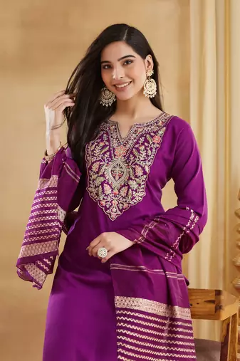 Women's Gorgeous Embroidery Work Viscose Rayon Fabric Straight Kurta Pant and Dupatta Set