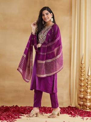 Women's Gorgeous Embroidery Work Viscose Rayon Fabric Straight Kurta Pant and Dupatta Set 3