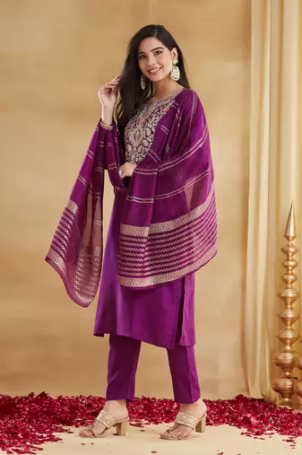 Women's Gorgeous Embroidery Work Viscose Rayon Fabric Straight Kurta Pant and Dupatta Set