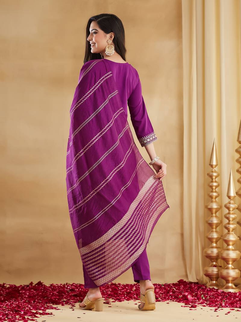 Women's Gorgeous Embroidery Work Viscose Rayon Fabric Straight Kurta Pant and Dupatta Set