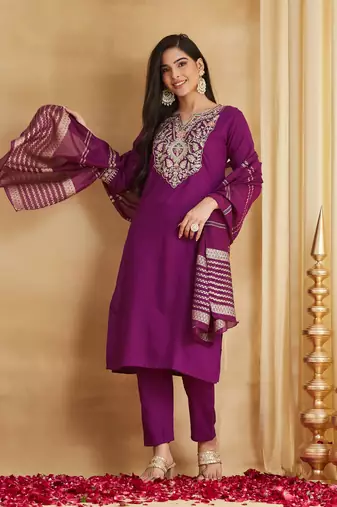 Women's Gorgeous Embroidery Work Viscose Rayon Fabric Straight Kurta Pant and Dupatta Set