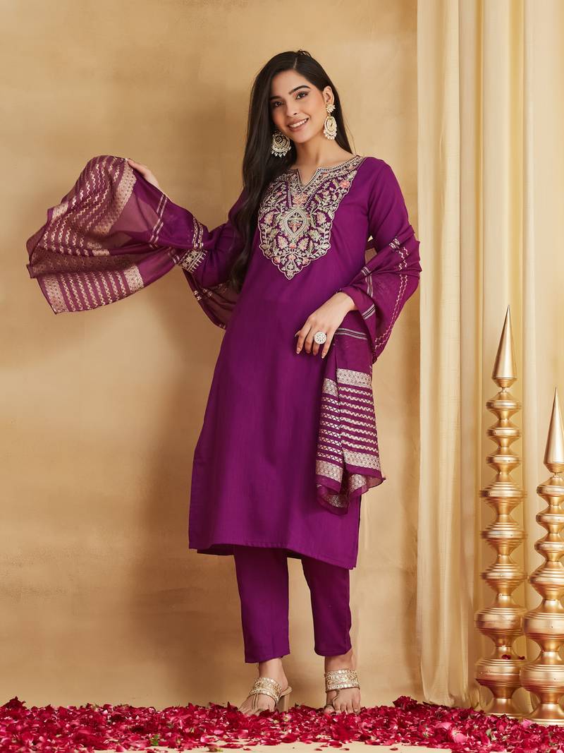 Women's Gorgeous Embroidery Work Viscose Rayon Fabric Straight Kurta Pant and Dupatta Set