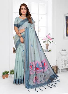 grey jacquard weaving work cotton blend saree 1
