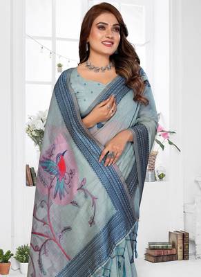 grey jacquard weaving work cotton blend saree 2