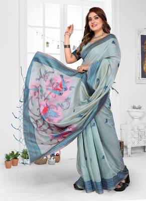 grey jacquard weaving work cotton blend saree 3