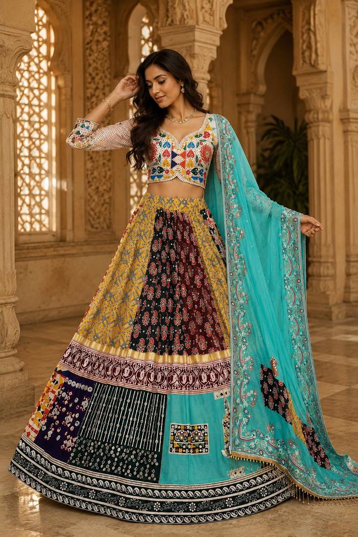 Sky Blue Mirror Navratri Lehenga Choli With Dupatta