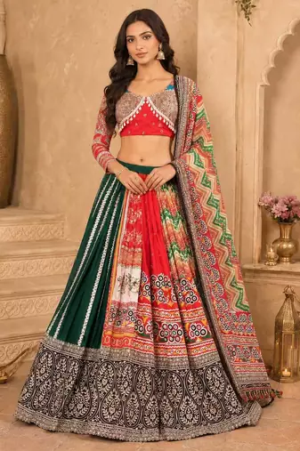 Red Mirror Navratri Lehenga Choli With Dupatta