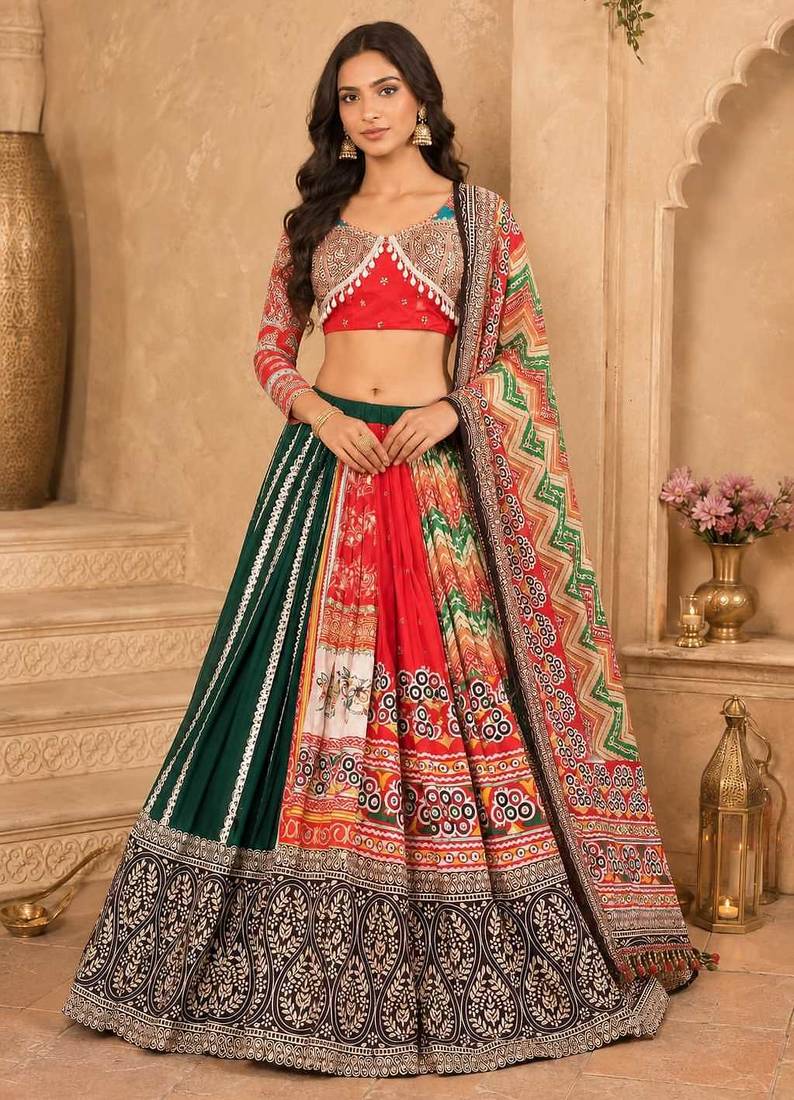 Red Mirror Navratri Lehenga Choli With Dupatta