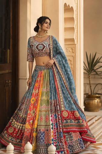 Grey Mirror Navratri Lehenga Choli With Dupatta