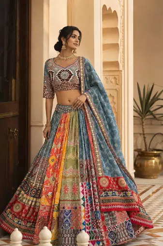 Grey Mirror Navratri Lehenga Choli With Dupatta