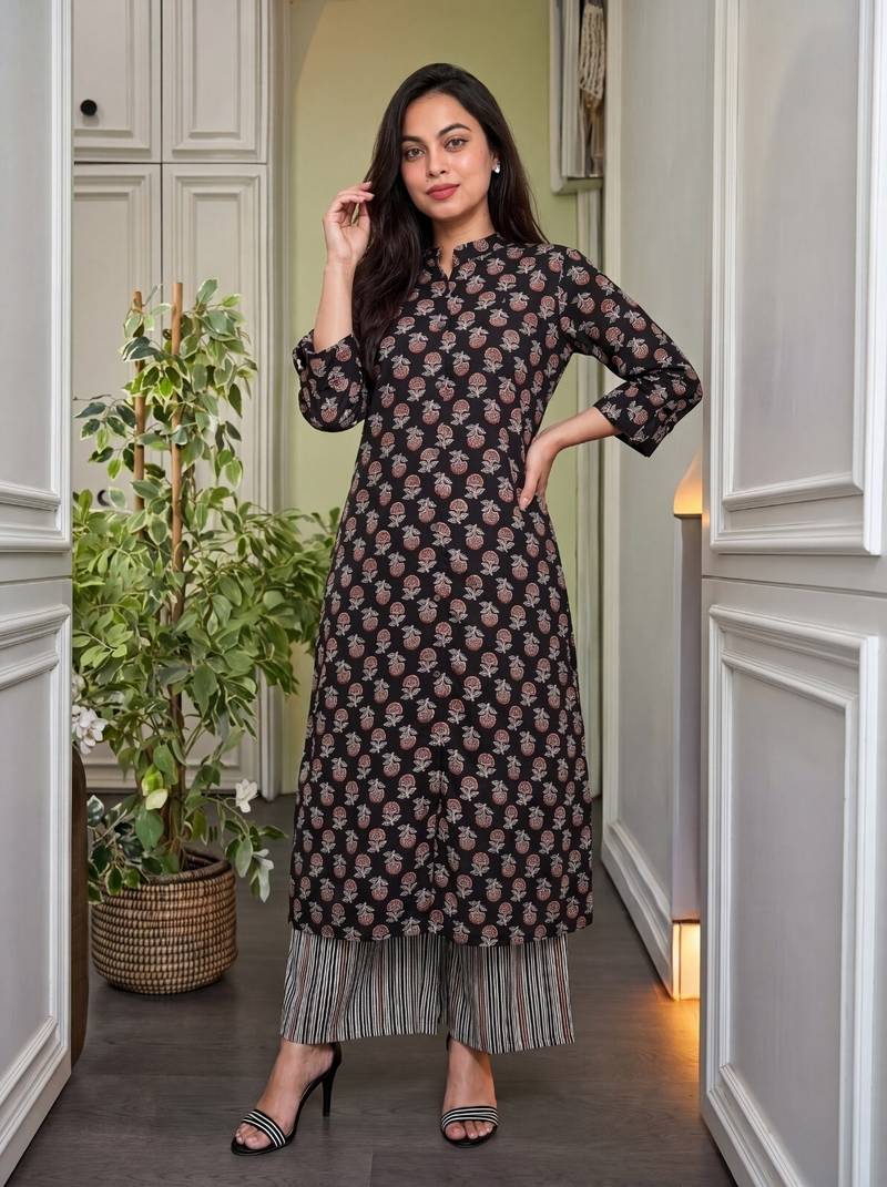 Women's Gorgeous Printed Work Pure Cotton Fabric Straight Kurta Pant Set