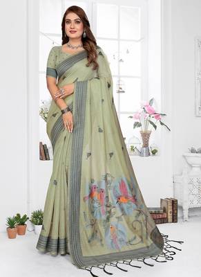 light green jacquard weaving work cotton blend saree 1