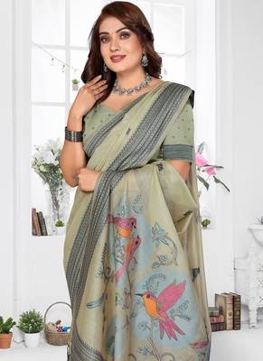 light green jacquard weaving work cotton blend saree 2