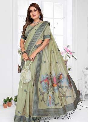 light green jacquard weaving work cotton blend saree 3