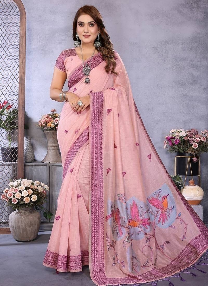 light pink jacquard weaving work cotton blend saree