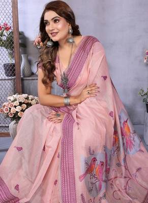 light pink jacquard weaving work cotton blend saree 2