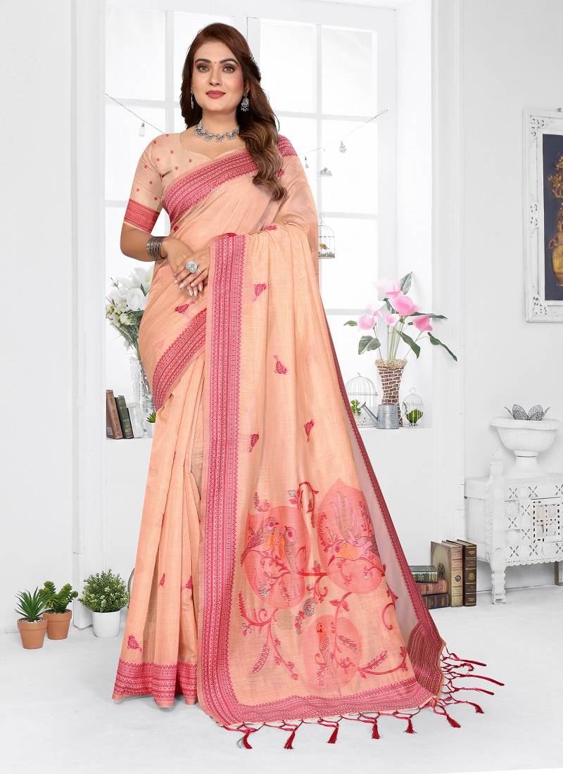 peach jacquard weaving work cotton blend saree