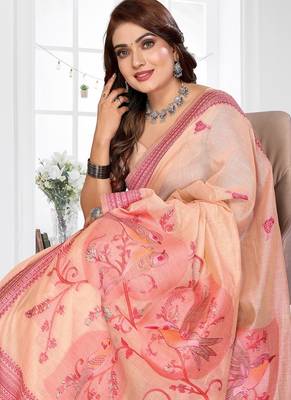 peach jacquard weaving work cotton blend saree 2