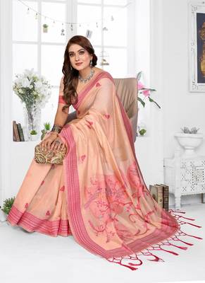 peach jacquard weaving work cotton blend saree 3
