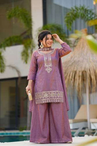 Women's Gorgeous Embroidery Work Gold Silk Fabric Straight Kurta Sharara and Dupatta Set