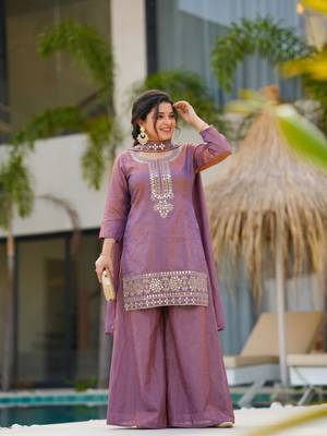 Women's Gorgeous Embroidery Work Gold Silk Fabric Straight Kurta Sharara and Dupatta Set 1