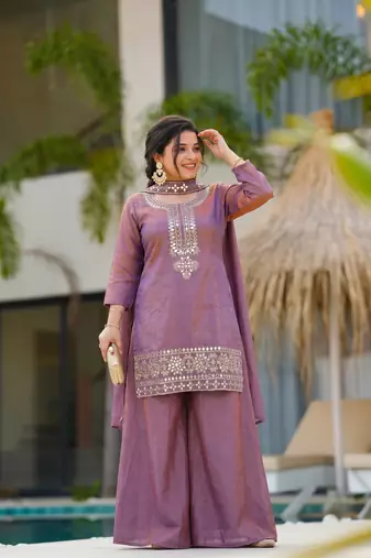Women's Gorgeous Embroidery Work Gold Silk Fabric Straight Kurta Sharara and Dupatta Set