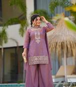 Women's Gorgeous Embroidery Work Gold Silk Fabric Straight Kurta Sharara and Dupatta Set
