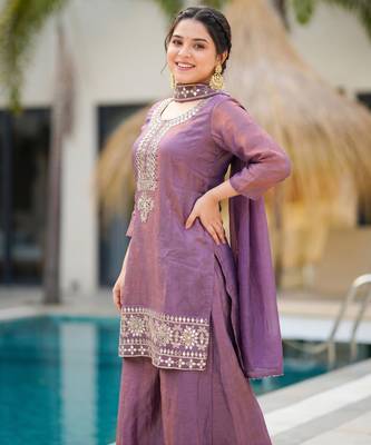 Women's Gorgeous Embroidery Work Gold Silk Fabric Straight Kurta Sharara and Dupatta Set 2