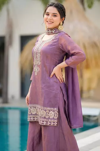 Women's Gorgeous Embroidery Work Gold Silk Fabric Straight Kurta Sharara and Dupatta Set