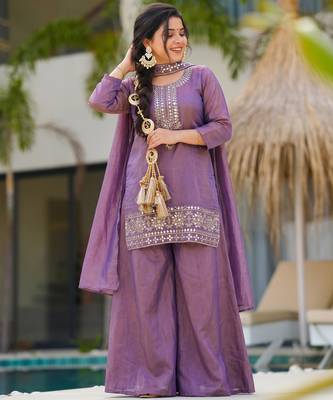 Women's Gorgeous Embroidery Work Gold Silk Fabric Straight Kurta Sharara and Dupatta Set 3