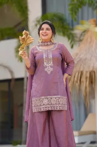Women's Gorgeous Embroidery Work Gold Silk Fabric Straight Kurta Sharara and Dupatta Set