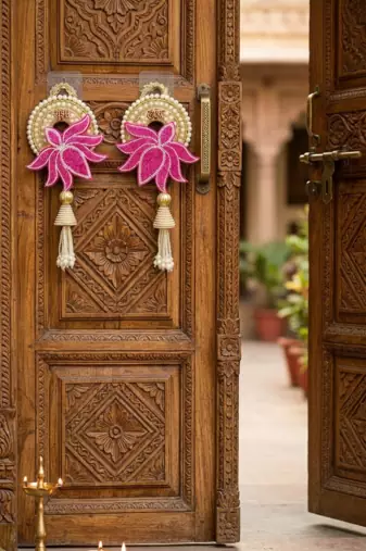 handmade pearl lotus shubh labh decorative hangingtraditional for home decoration (pack of 2)